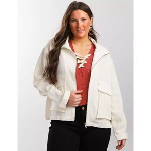 BKE Cream Woven Mock Neck Jacket Linen Blend Lightweight Zip Adjustable Cuffs S